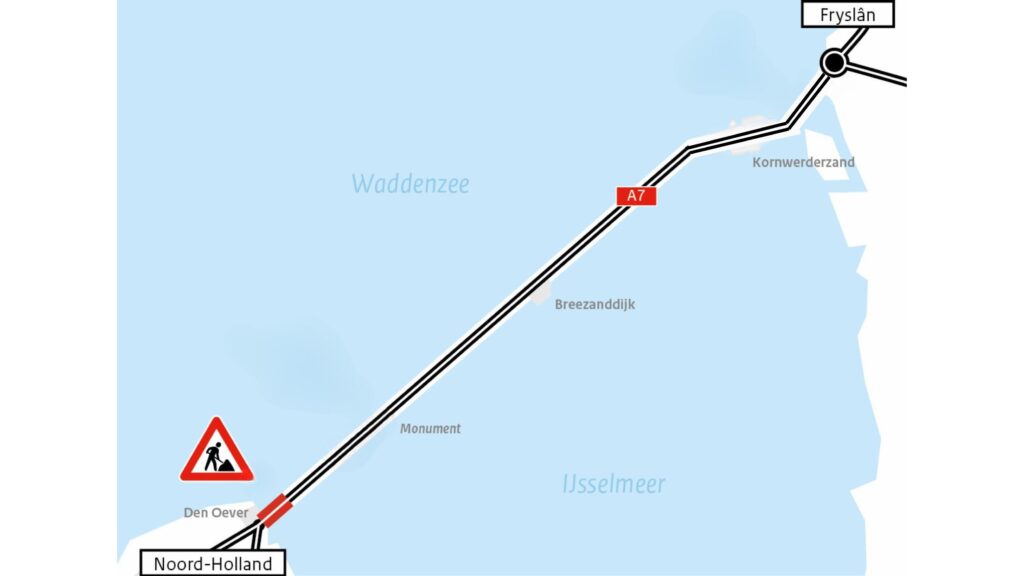 A map of the Afsluitdijk showing traffic disruption near Den Oever. 